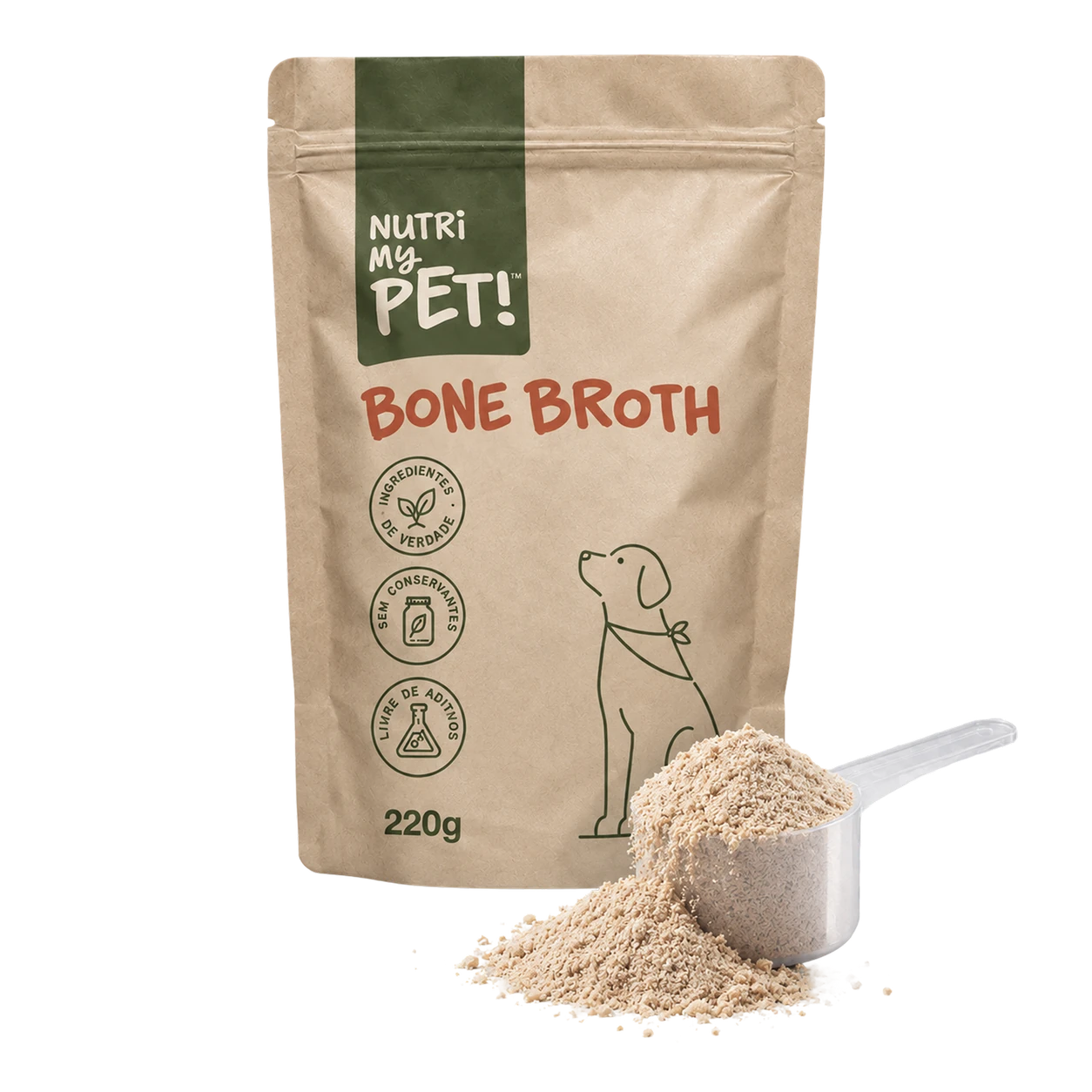 Pacote de Bone Broth Nutri My Pet visto de frente, com a colher dosadora cheia do pó ao lado